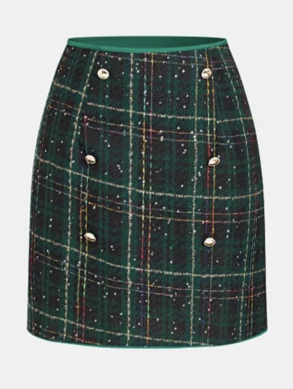 Cupshe Encore Plaid Mini Skirt Green w/ Gold Buttons & Tiny Sequins